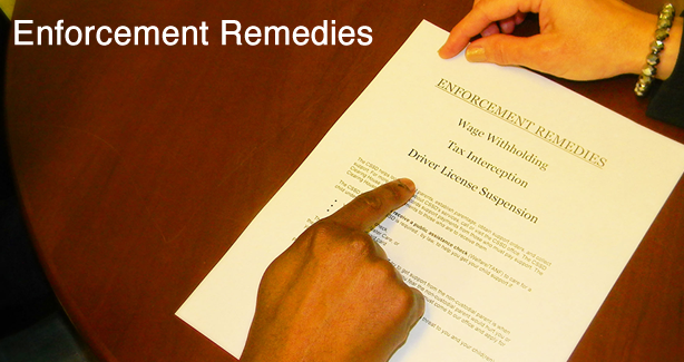 Photo of someone handing over a paper with list of enforcement remedies